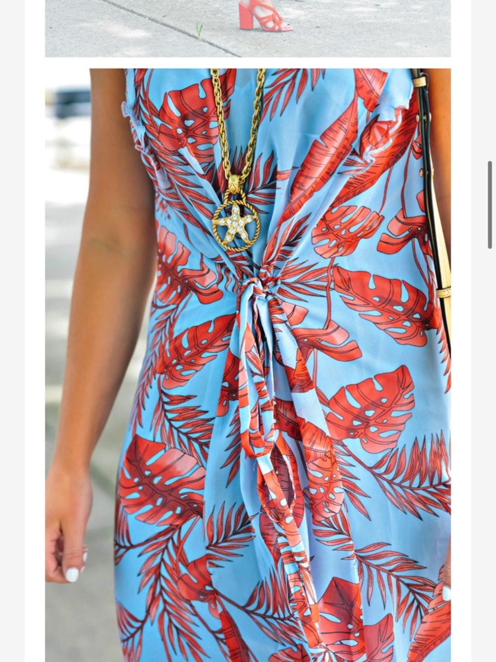 NWT! CAbi Isabel V-Neck Mini Dress in Light Blue with Coral Leaf Print Size L - Picture 3 of 16